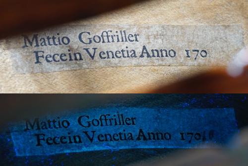 Label from a Goffriller cello. The UV light shows the date as either 1701 or 1710