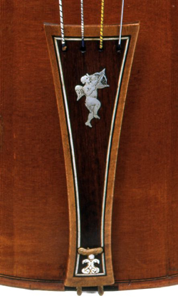 The tailpiece of the tenor viola, which retains all its original fittings