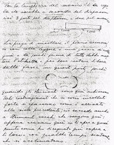 A letter from Sacconi to Sderci giving instructions on the making of his next instrument (see translation in text)
