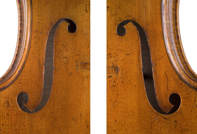 Close inspection of the contralto's f-holes reveals they are quite different from each other