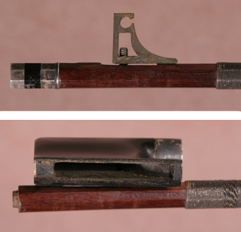 The tightening mechanism which moves inside the frog (top) and the cutout for the tightening mechanism (bottom)