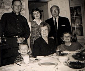 The Chittolini family in c. 1958. Standing from left, John Land (Sr), Fanny Hall Land, Roger Nestor Chittolini. Seated from left: Bill Land, Sarah Avaline Chittolini and Sarah Land. Photo courtesy of John Land