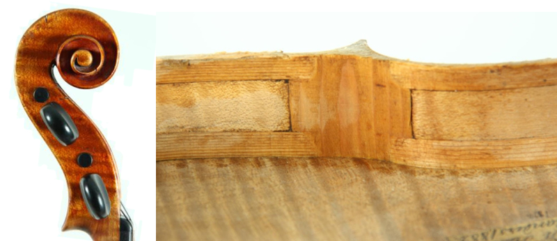 Scroll of a violin by the mysterious Frederik Wilhelm Hansen, and a corner block detail – notice the way the linings overlap the corner block itself. This detail is also seen in Peder Pedersen Adamsen violins
