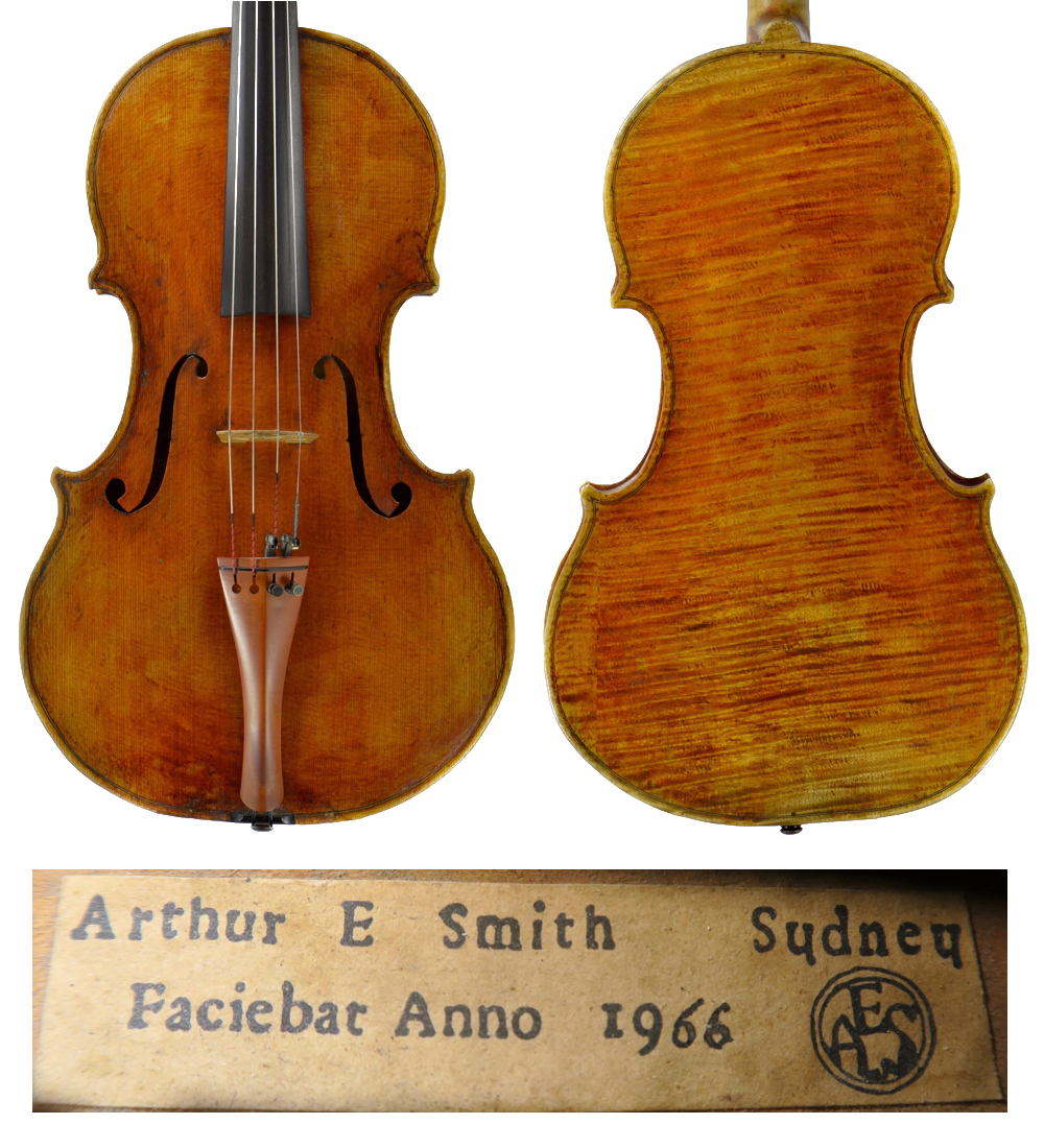 Smith viola made in 1966, after the maker's stroke – despite its shaky workmanship, the viola features fine wood and varnish 