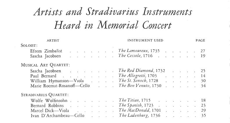 A page from the program for the 1937 Stradivari Memorial Concert. Marie thing is listed as playing the Ben Venuto cello