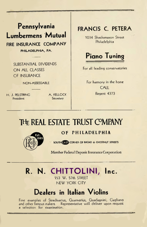 An advert placed by Chittolini in the 1939 Philadelphia Musical Academy Commencement program. Courtesy of John Land 
