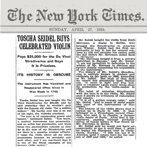 Seidel’s purchase of the ‘da Vinci’ made headlines at the New York Times on April 27, 1924.
