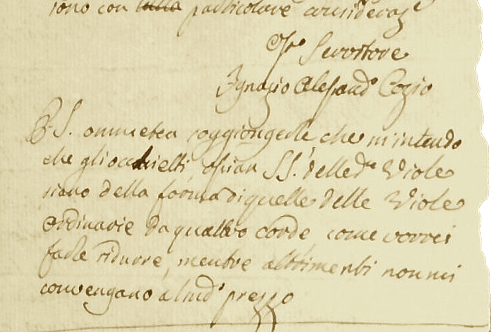 A letter from Count Cozio to Antonio II Stradivari