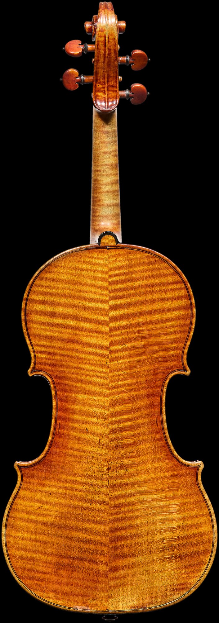 Back of the 1710 “Dancla, Milstein, Krasner, Eto” Stradivari violin, a two-piece back of flamed maple